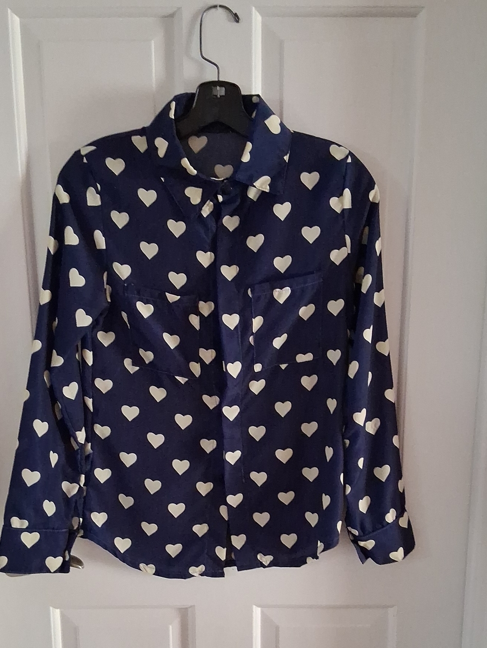 Navy Heart Print Button-Up Blouse